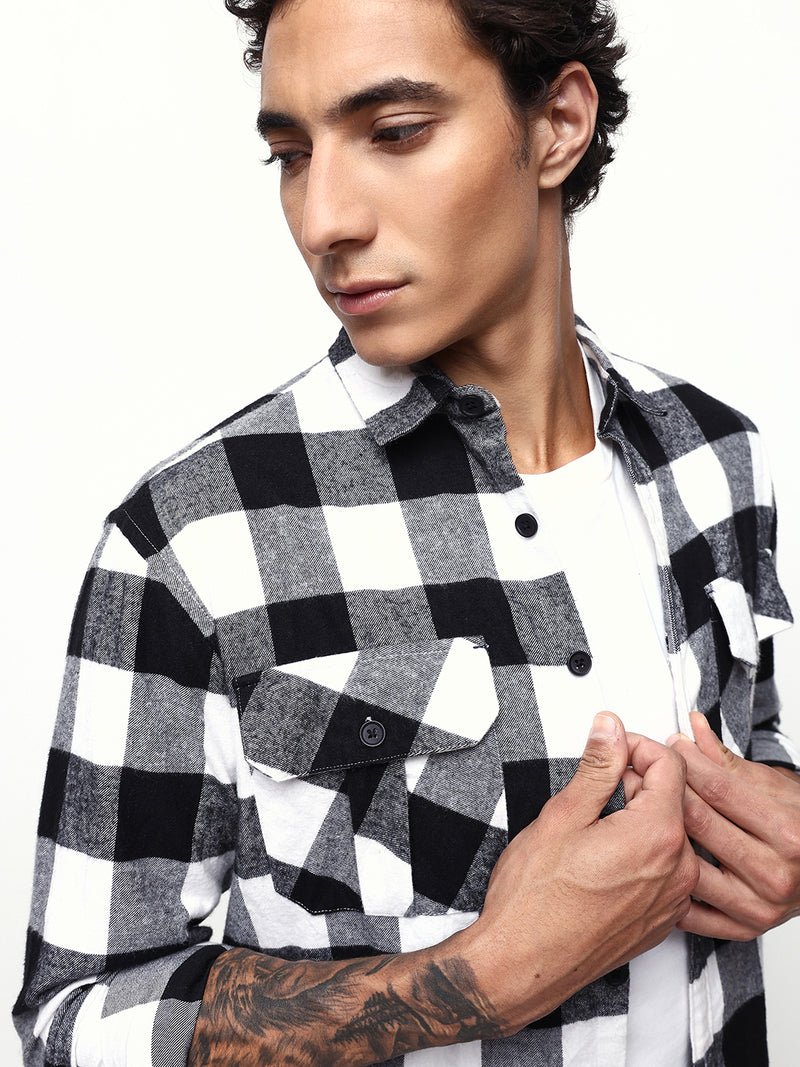 Men's White Flannel Checks Spread Collar Relaxed Fit Casual Shirt