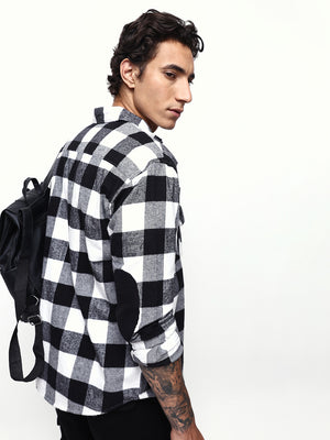 Men's White Flannel Checks Spread Collar Relaxed Fit Casual Shirt