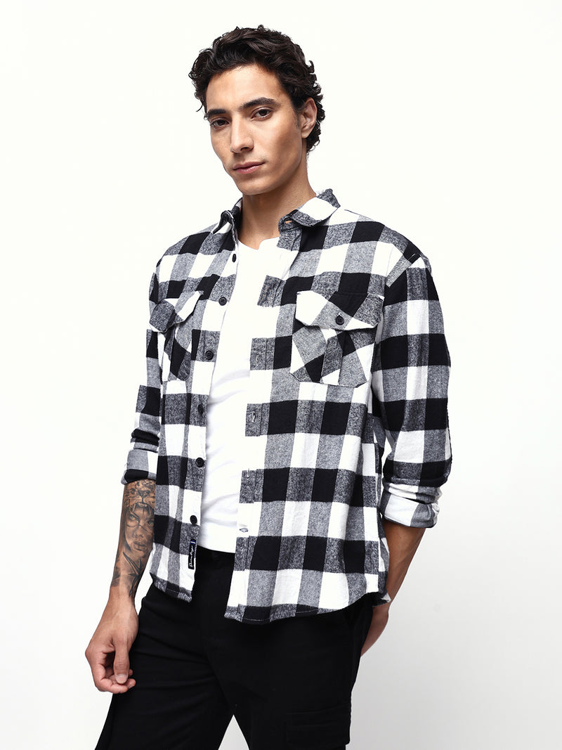 Men's White Flannel Checks Spread Collar Relaxed Fit Casual Shirt