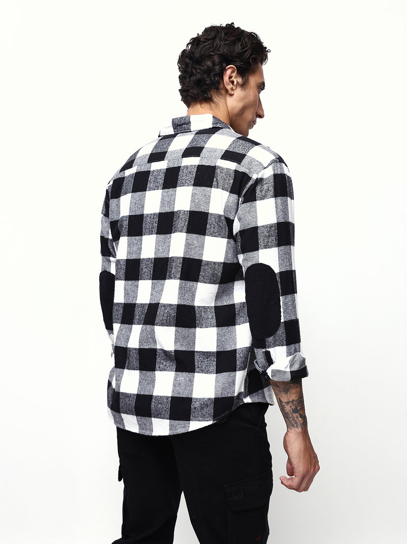 Men's White Flannel Checks Spread Collar Relaxed Fit Casual Shirt