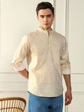 Dennis Lingo Men's Beige Solid Mandarin collar Cotton Shirt