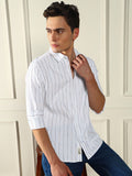 Dennis Lingo Men's Off White Vertical Stripes Spread Collar Cotton Shirt