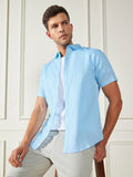 Dennis Lingo Men's Blue Solid Spread Collar Half Sleeves Cotton Shirt