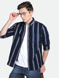 Dennis Lingo Men's Indigo Vertical Stripes Spread Collar Cotton Shirt