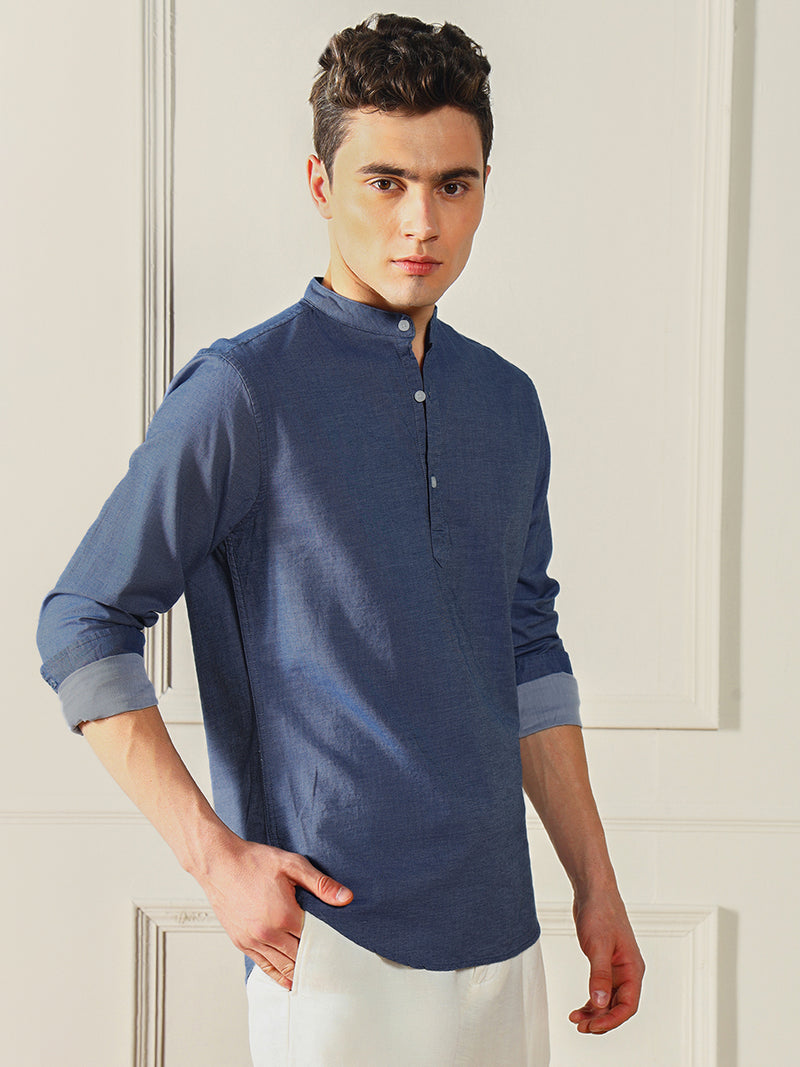 Men's Blue Solid Mandarin collar Cotton Shirt