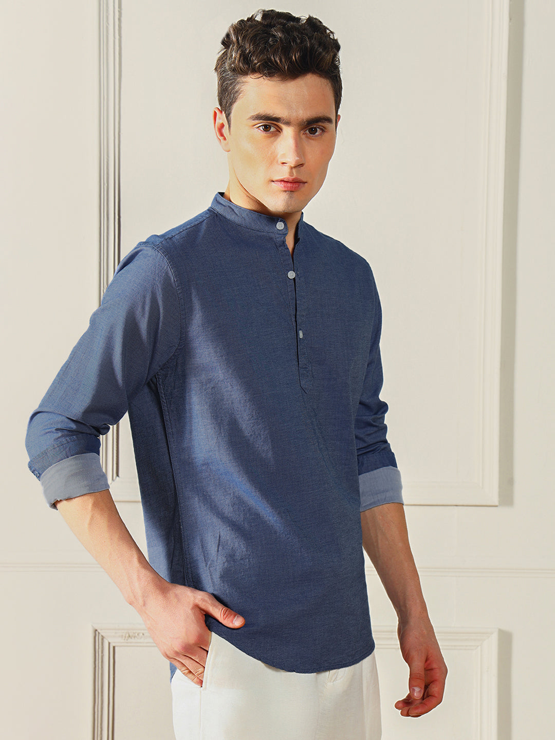 Men's Blue Solid Mandarin collar Cotton Shirt