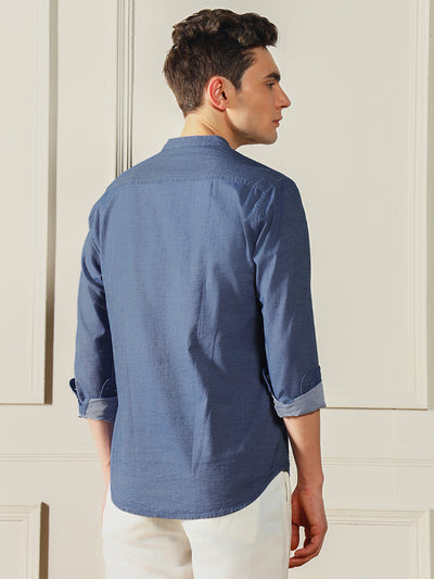 Men's Blue Solid Mandarin collar Cotton Shirt