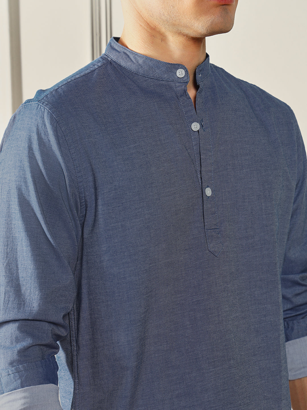 Men's Blue Solid Mandarin collar Cotton Shirt