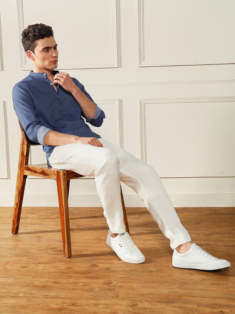 Men's Blue Solid Mandarin collar Cotton Shirt