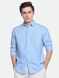 Dennis Lingo Men's Blue Striped Spread Collar Cotton Shirt