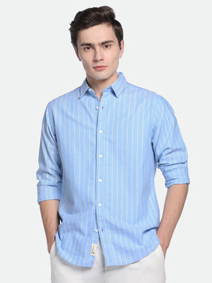 Men's Blue Striped Spread Collar Cotton Shirt
