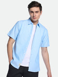 Dennis Lingo Men's Blue Striped Spread Collar Cotton Shirt