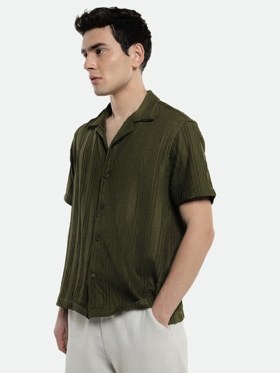 Dennis Lingo Men's Cuban Collar Textured Stripes Green Casual Shirt