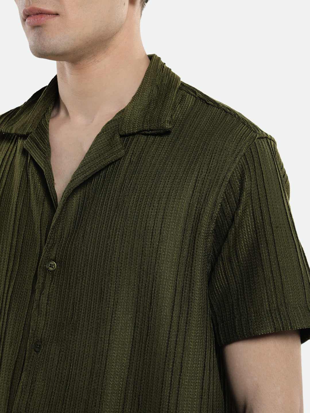 Dennis Lingo Men's Cuban Collar Textured Stripes Green Casual Shirt