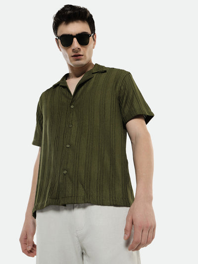 Dennis Lingo Men's Cuban Collar Textured Stripes Green Casual Shirt