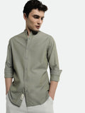 Dennis Lingo Men's Olive Solid Mandarin collar Cotton Shirt