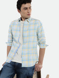 Dennis Lingo Men's Yellow Checks Spread Collar Cotton Shirt