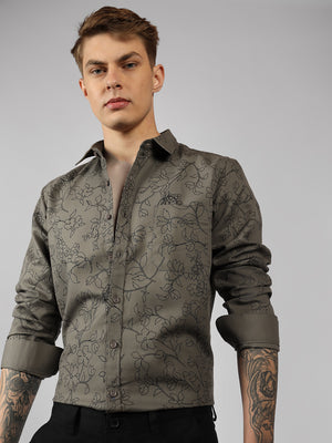 Men's Olive Printed Spread Collar Full Sleeve Regular Fit Shirt