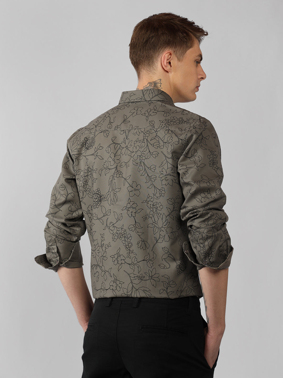 Men's Olive Printed Spread Collar Full Sleeve Regular Fit Shirt