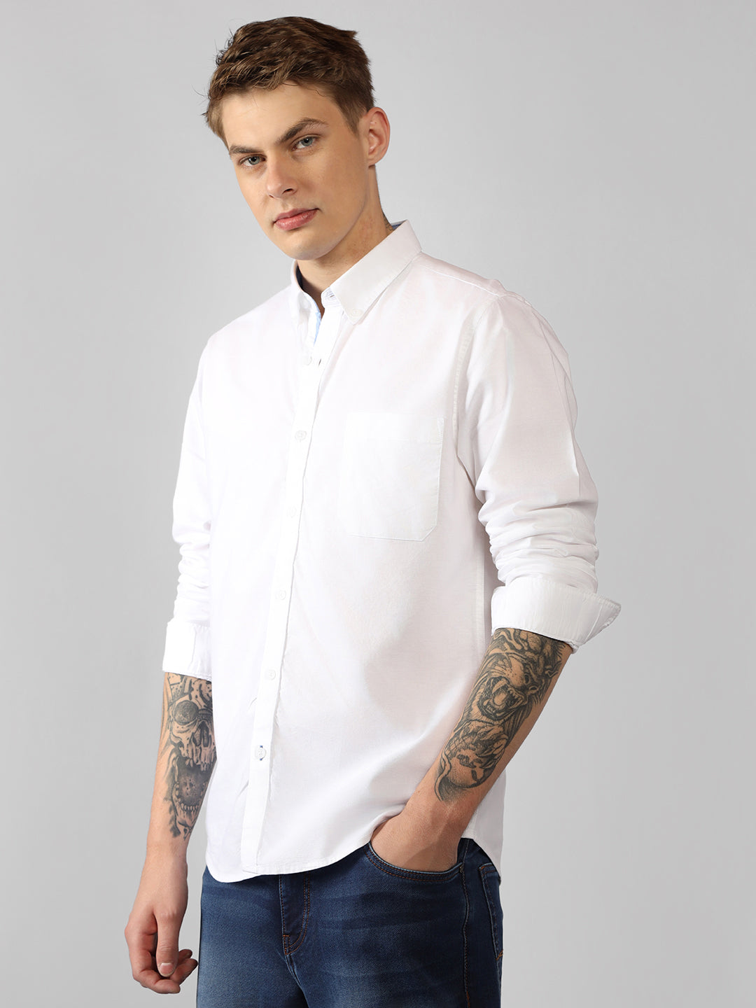 Men's White Solid Button Down Collar Full Sleeve Regular Fit Shirt