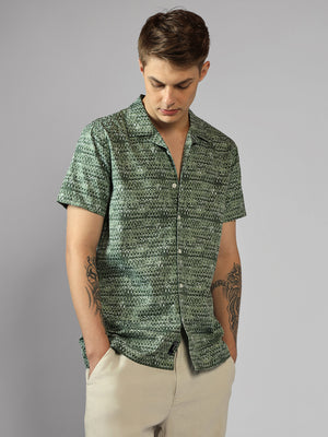 Men's Olive Printed Spread Collar Half Sleeve Regular Fit Shirt