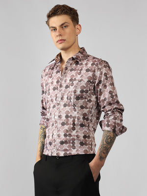 Men's Dark Grey Printed Spread Collar Full Sleeve Regular Fit Shirt