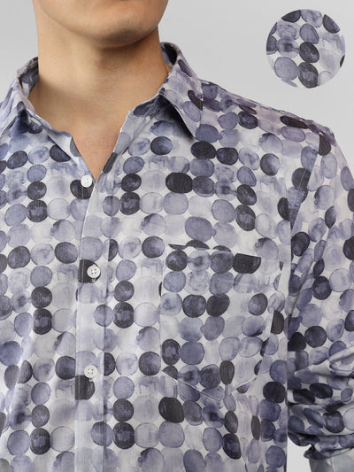 Men's Navy Printed Spread Collar Full Sleeve Regular Fit Shirt