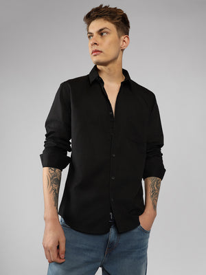 Men's Black Solid Spread Collar Full Sleeve Regular Fit Shirt