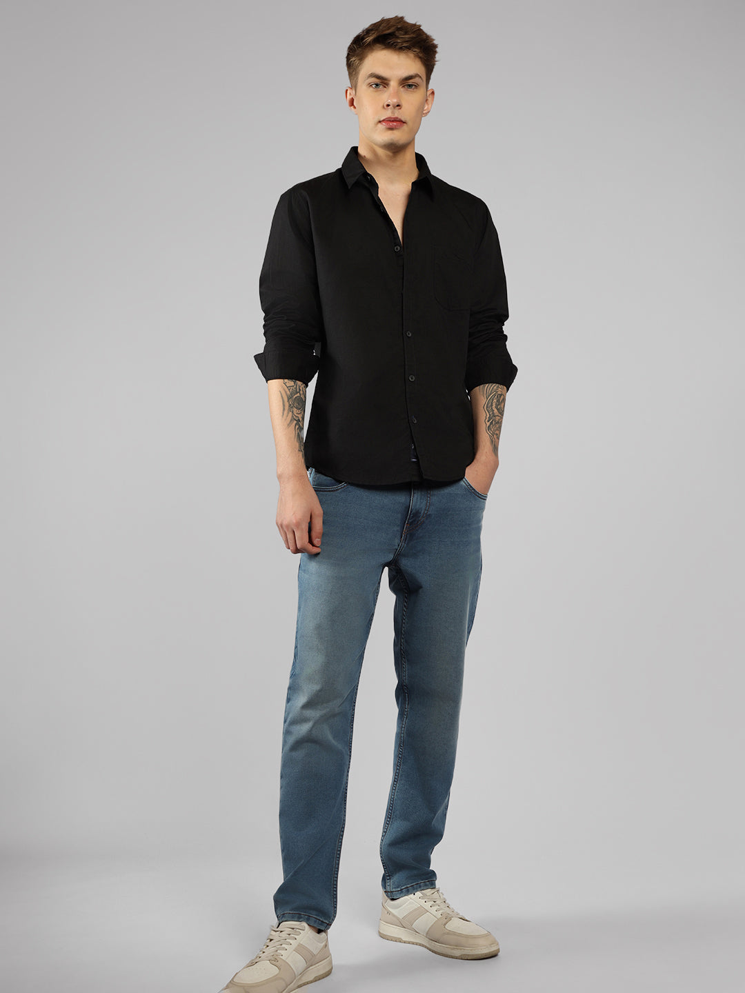 Men's Black Solid Spread Collar Full Sleeve Regular Fit Shirt