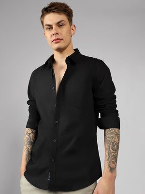 Men's Black Solid Spread Collar Full Sleeve Regular Fit Shirt