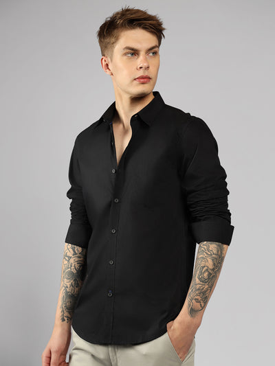 Men's Black Solid Spread Collar Full Sleeve Regular Fit Shirt