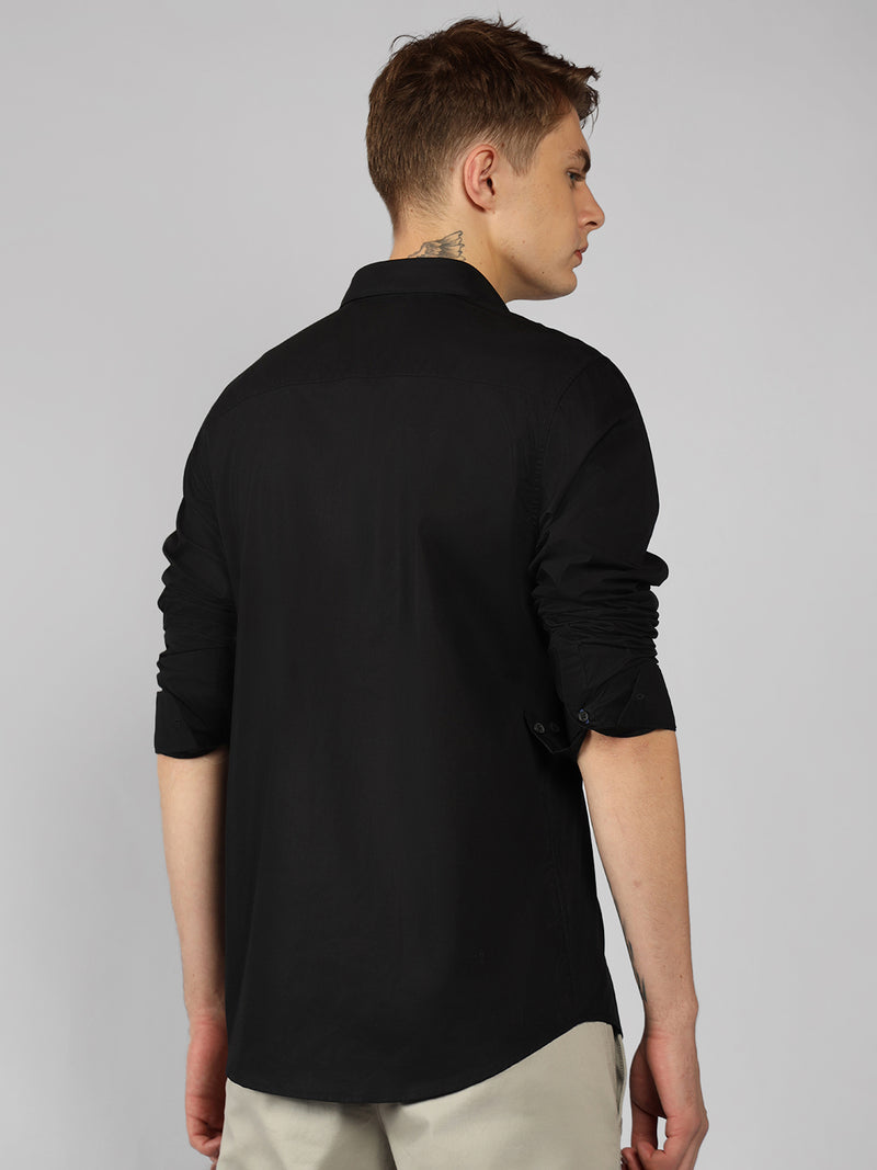 Men's Black Solid Spread Collar Full Sleeve Regular Fit Shirt