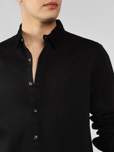 Men's Black Solid Spread Collar Full Sleeve Regular Fit Shirt
