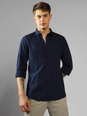 Men's Navy Solid Spread Collar Full Sleeve Regular Fit Shirt