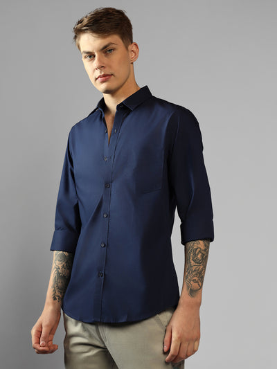 Men's Navy Solid Spread Collar Full Sleeve Regular Fit Shirt