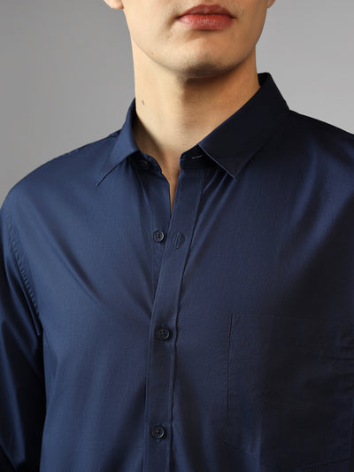 Men's Navy Solid Spread Collar Full Sleeve Regular Fit Shirt