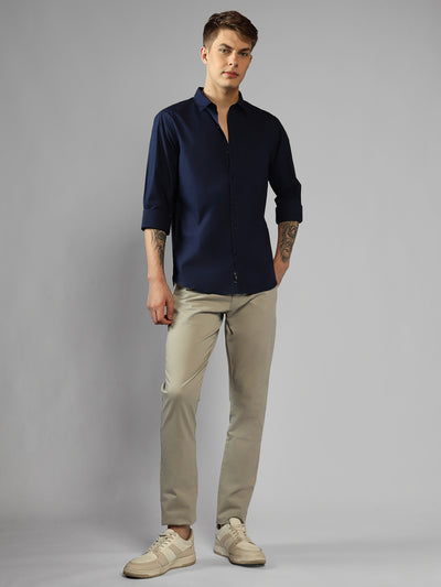 Men's Navy Solid Spread Collar Full Sleeve Regular Fit Shirt