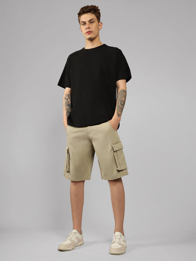 Men's Cream Solid Relaxed Fit Shorts