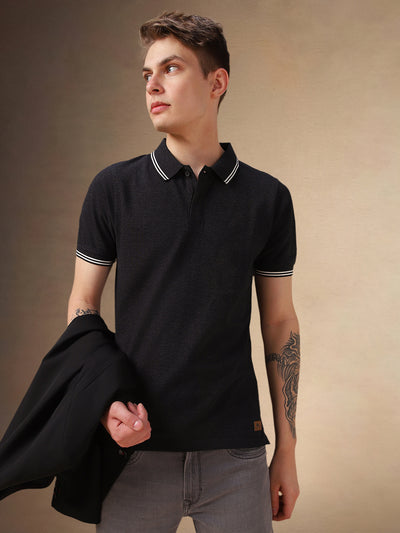 Men's Charcoal Solid Polo Collar Half Sleeves T-shirt