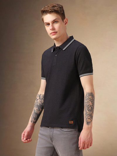Men's Charcoal Solid Polo Collar Half Sleeves T-shirt