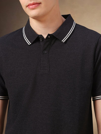 Men's Charcoal Solid Polo Collar Half Sleeves T-shirt