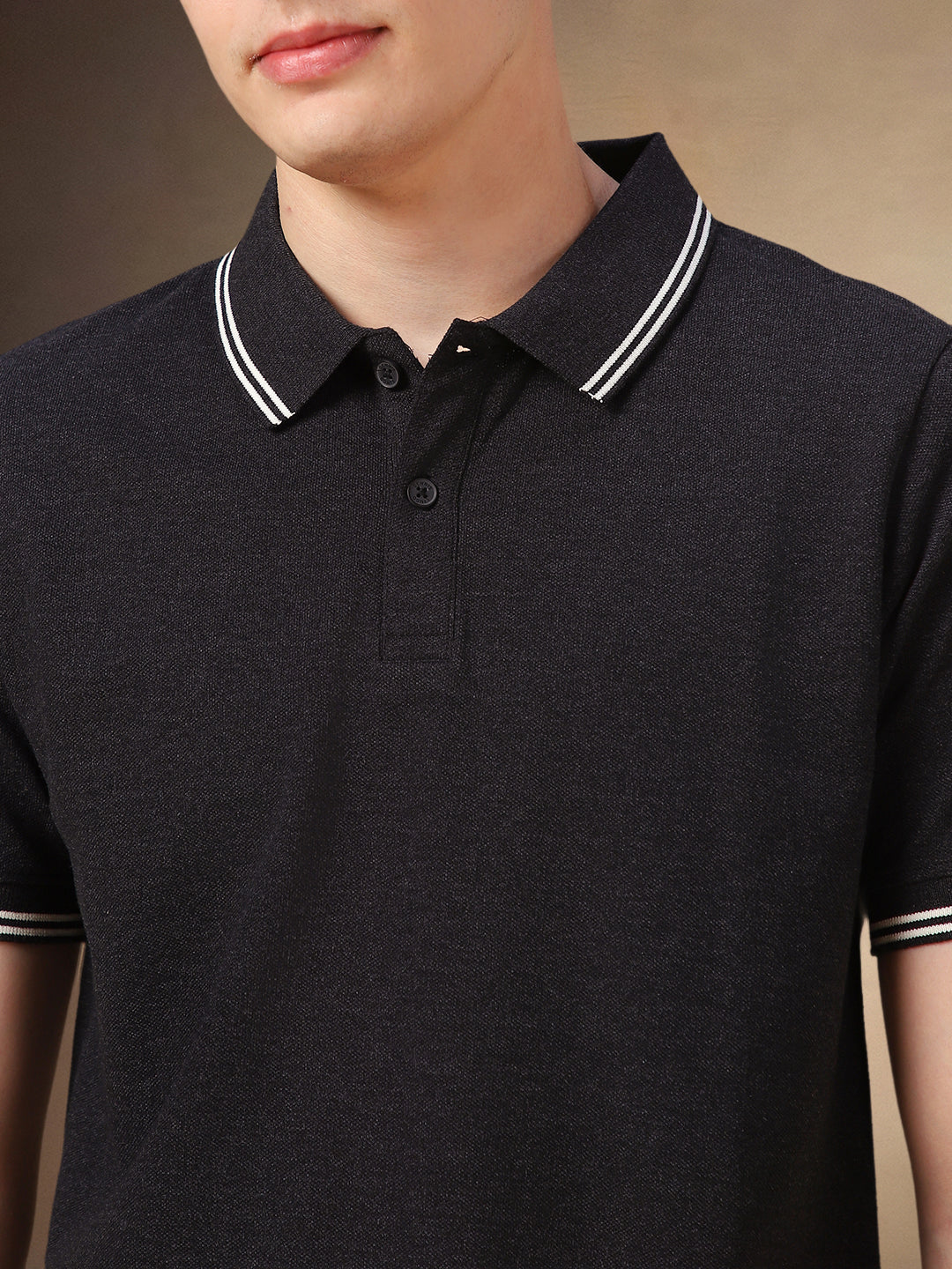 Men's Charcoal Solid Polo Collar Half Sleeves T-shirt