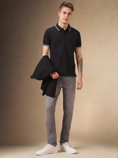 Men's Charcoal Solid Polo Collar Half Sleeves T-shirt