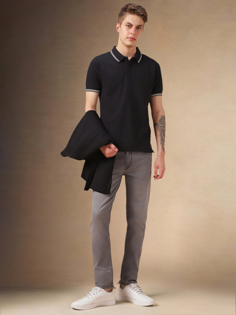 Men's Charcoal Solid Polo Collar Half Sleeves T-shirt