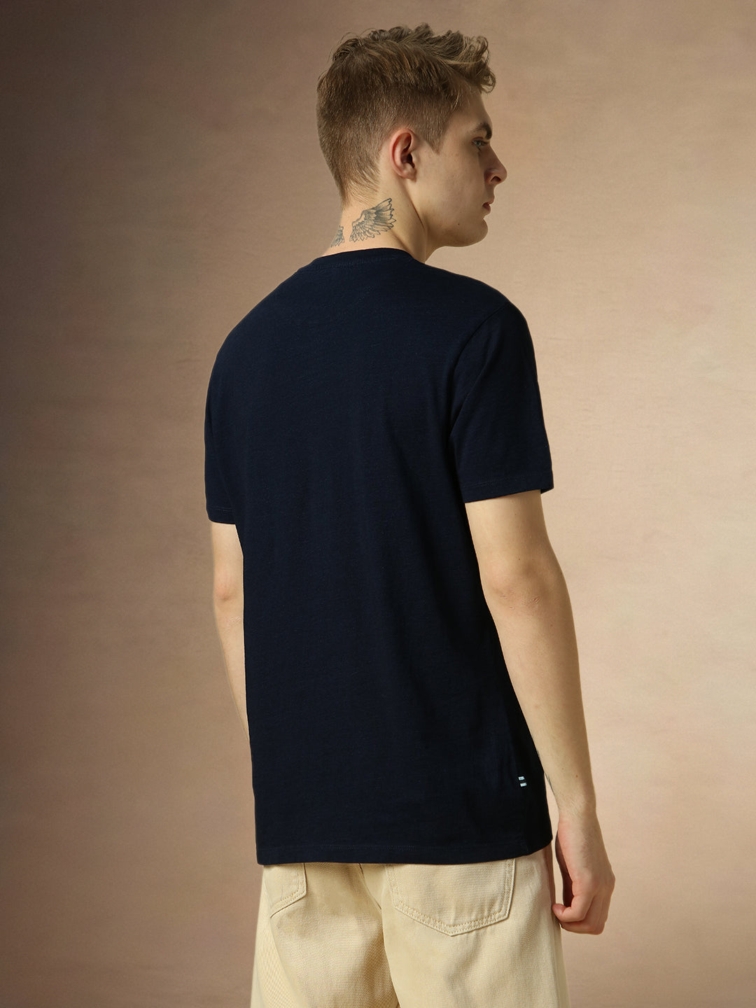 Men's Dark Blue Printed Henley Neck Half Sleeves T-shirt