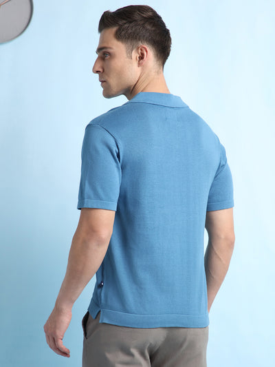 Men's Textured Polo Collar Half Sleeves Flat Knit T-shirt