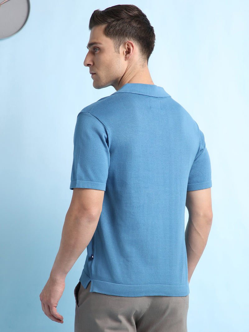 Men's Textured Polo Collar Half Sleeves Flat Knit T-shirt