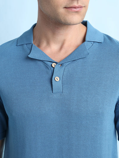 Men's Textured Polo Collar Half Sleeves Flat Knit T-shirt