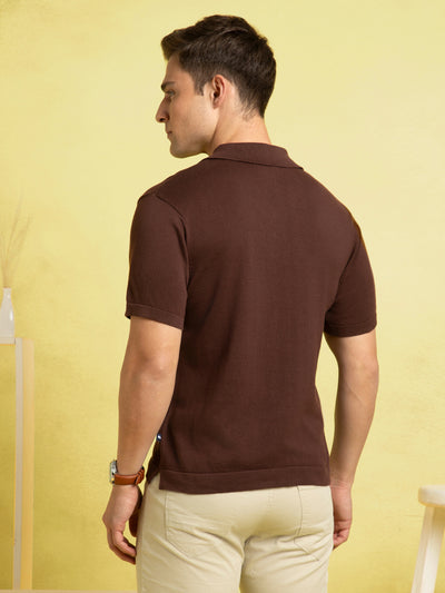 Men's Brown Solid Textured Polo Collar Half Sleeves Flat Knit T-shirt