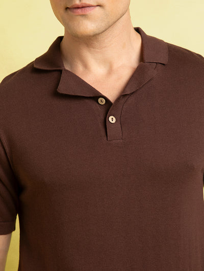 Men's Brown Solid Textured Polo Collar Half Sleeves Flat Knit T-shirt